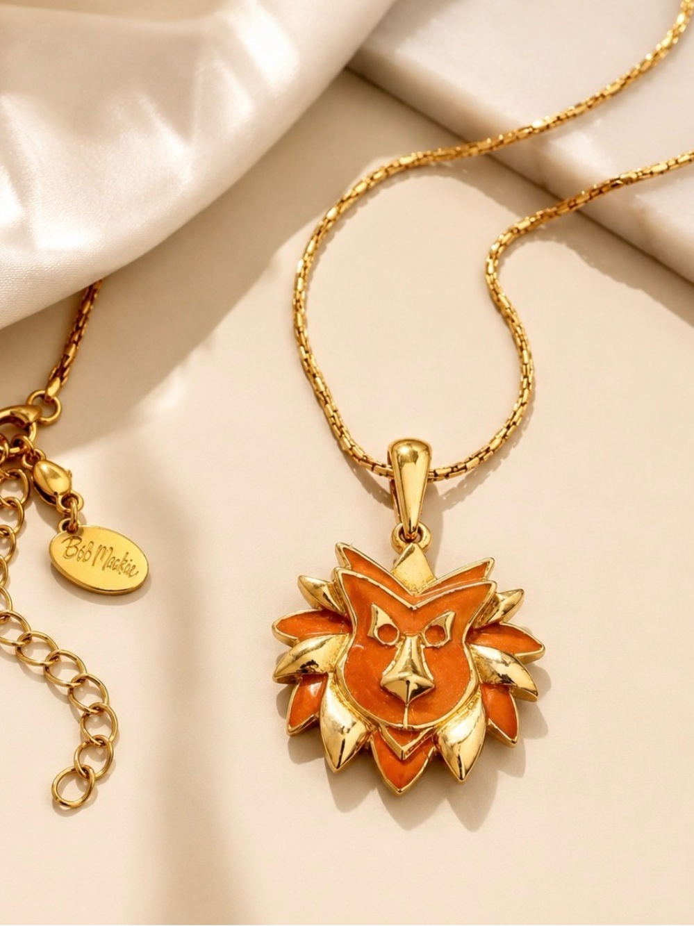 Rare! Vintage signed Bob Mackie Gold & Orange Enamel Leo Lion Pendant & Necklace